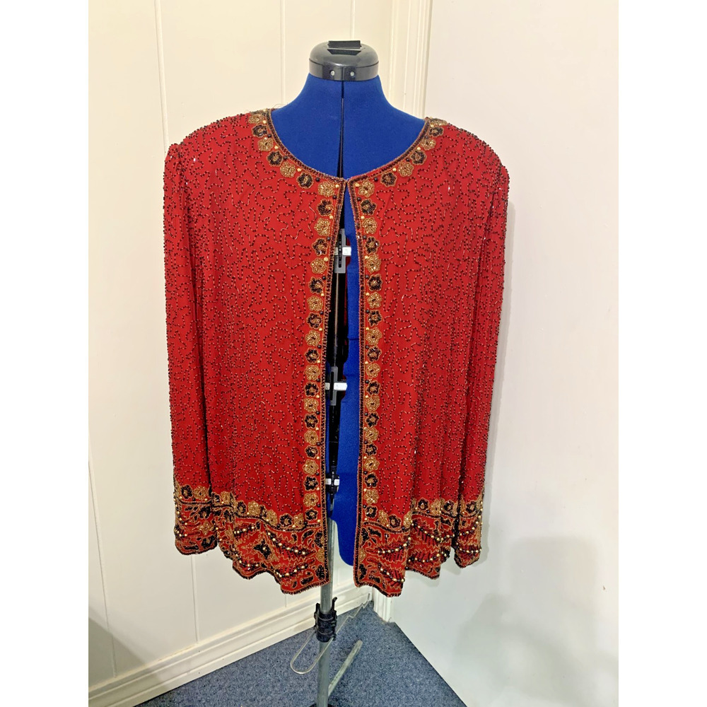 Vintage Lawrence Kazaar Silk Sequined Jacket Red 4X Holiday Party Mardi Gras - Picture 3 of 10
